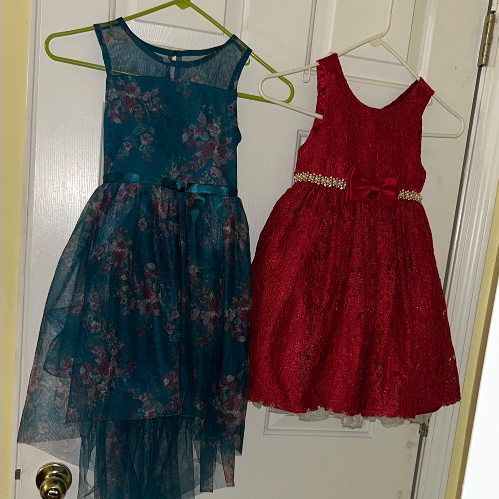 Floral Blue/green and Red Lace Kids Dresses